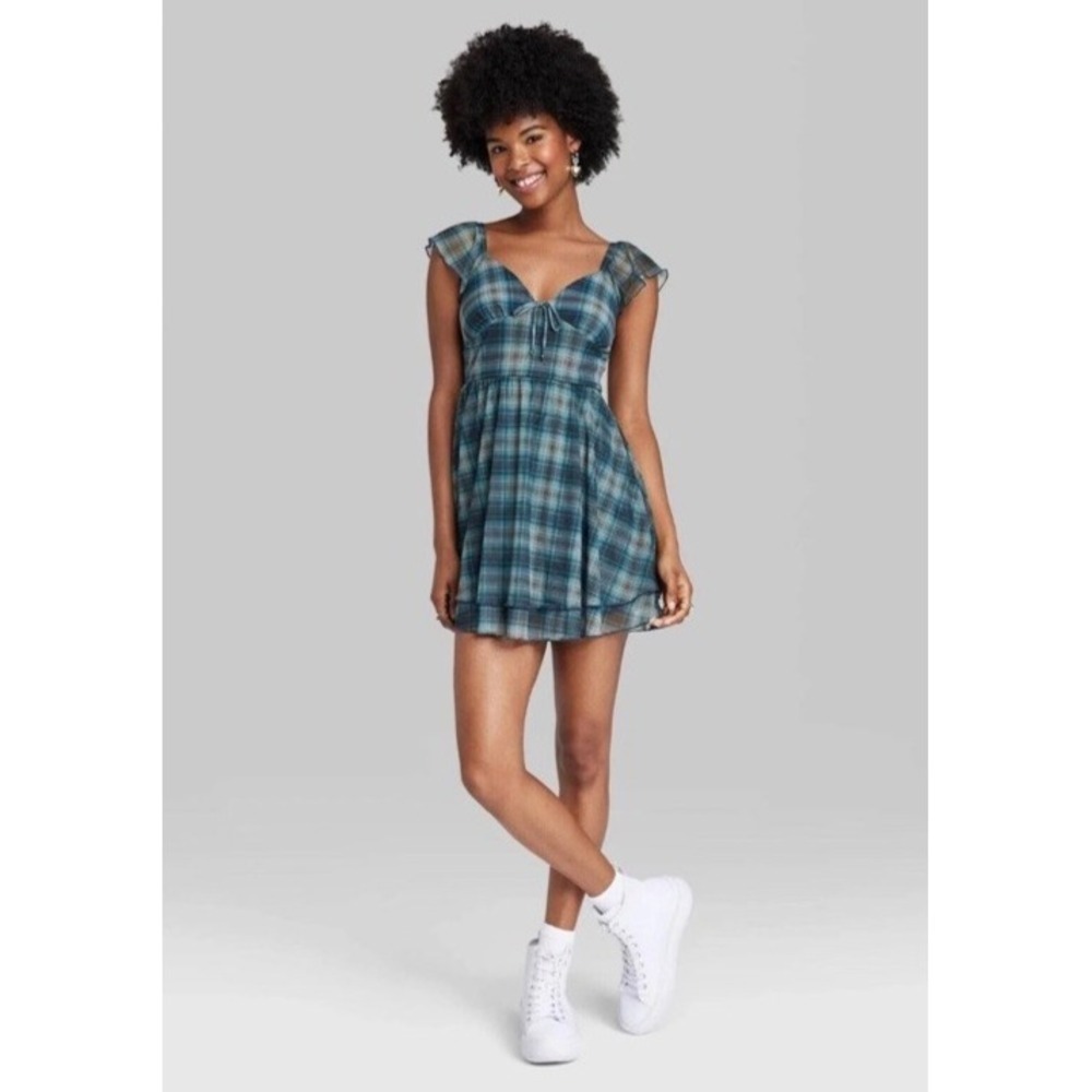 Wild Fable Plaid Mesh Mini Dress Womens Size XL Blue Coquette Cottagecore Y2K - Picture 13 of 13